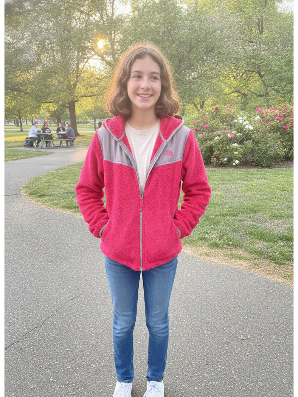 The North Face Girls' Pink and Gray Hooded Fleece Jacket Large (14/16)